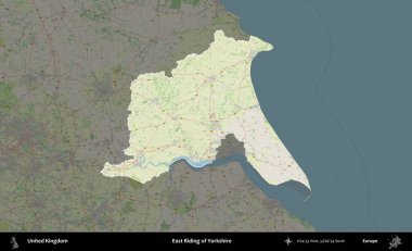 Yorkshire 'ın Doğu Biniciliği. Birleşik Krallık 'ın idari alanı karartılmış bir OpenStreetMap tarzı Alman haritasına vurgulanmış ve özetlenmiştir