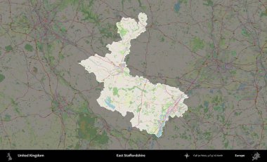 Doğu Staffordshire. Birleşik Krallık 'ın idari alanı karartılmış bir OpenStreetMap tarzı Alman haritasına vurgulanmış ve özetlenmiştir