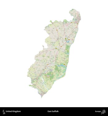 Doğu Suffolk. Birleşik Krallık 'ın idari alanı bir OpenStreetMap Alman stili haritasında beyazda izole edildi