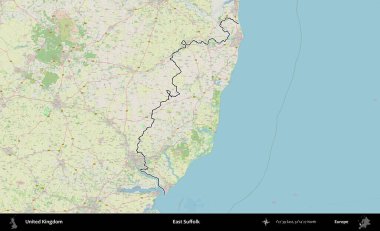 Doğu Suffolk. Bir OpenStreetMap Alman stil haritasında Birleşik Krallık 'ın özetlenmiş idari alanı