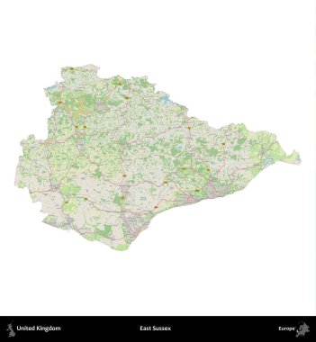 Doğu Sussex. Birleşik Krallık 'ın idari alanı bir OpenStreetMap Alman stili haritasında beyazda izole edildi