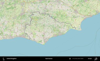 Doğu Sussex. Bir OpenStreetMap Alman stil haritasında Birleşik Krallık 'ın özetlenmiş idari alanı