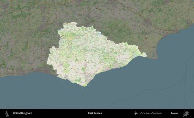 Doğu Sussex. Birleşik Krallık 'ın idari alanı karartılmış bir OpenStreetMap tarzı Alman haritasına vurgulanmış ve özetlenmiştir