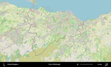 Edinburgh şehri. Bir OpenStreetMap Alman stil haritasında Birleşik Krallık 'ın özetlenmiş idari alanı