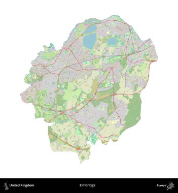 Elmbridge 'de. Birleşik Krallık 'ın idari alanı bir OpenStreetMap Alman stili haritasında beyazda izole edildi