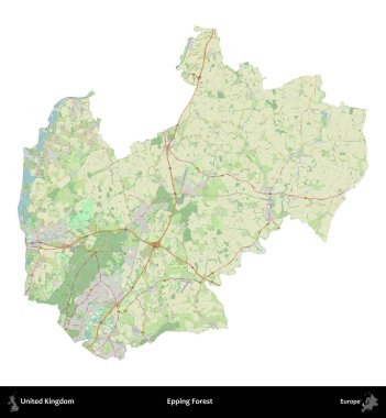 Epping Ormanı. Birleşik Krallık 'ın idari alanı bir OpenStreetMap Alman stili haritasında beyazda izole edildi