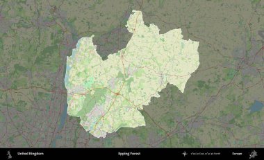 Epping Ormanı. Birleşik Krallık 'ın idari alanı karartılmış bir OpenStreetMap tarzı Alman haritasına vurgulanmış ve özetlenmiştir