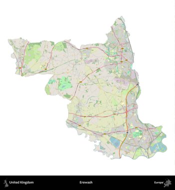 Yıkama. Birleşik Krallık 'ın idari alanı bir OpenStreetMap Alman stili haritasında beyazda izole edildi