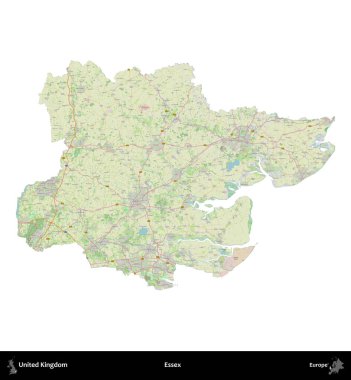 Essex. Birleşik Krallık 'ın idari alanı bir OpenStreetMap Alman stili haritasında beyazda izole edildi