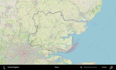 Essex. Bir OpenStreetMap Alman stil haritasında Birleşik Krallık 'ın özetlenmiş idari alanı