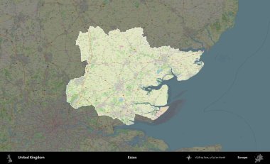 Essex. Birleşik Krallık 'ın idari alanı karartılmış bir OpenStreetMap tarzı Alman haritasına vurgulanmış ve özetlenmiştir