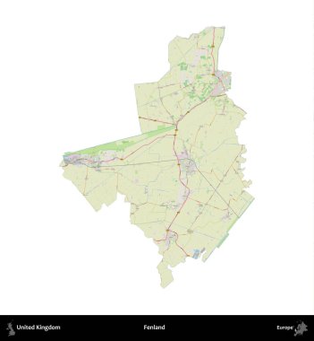 Fenland. Birleşik Krallık 'ın idari alanı bir OpenStreetMap Alman stili haritasında beyazda izole edildi