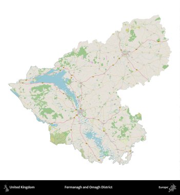 Fermanagh ve Omagh Bölgesi. Birleşik Krallık 'ın idari alanı bir OpenStreetMap Alman stili haritasında beyazda izole edildi
