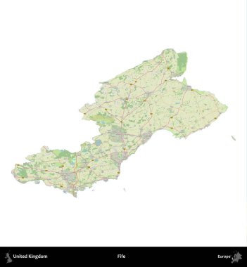 Fife. Birleşik Krallık 'ın idari alanı bir OpenStreetMap Alman stili haritasında beyazda izole edildi
