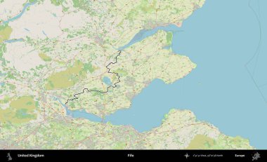 Fife. Bir OpenStreetMap Alman stil haritasında Birleşik Krallık 'ın özetlenmiş idari alanı