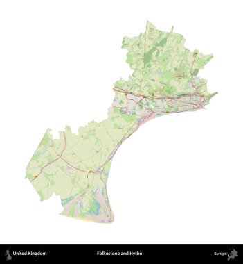 Folkestone ve Hythe. Birleşik Krallık 'ın idari alanı bir OpenStreetMap Alman stili haritasında beyazda izole edildi