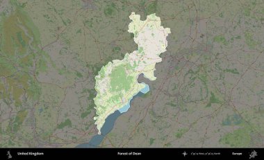 Dean Ormanı. Birleşik Krallık 'ın idari alanı karartılmış bir OpenStreetMap tarzı Alman haritasına vurgulanmış ve özetlenmiştir