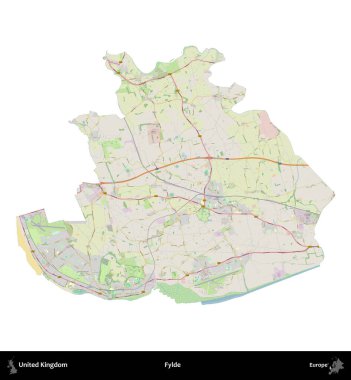 Fylde. Birleşik Krallık 'ın idari alanı bir OpenStreetMap Alman stili haritasında beyazda izole edildi