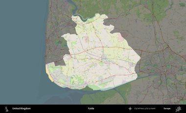 Fylde. Birleşik Krallık 'ın idari alanı karartılmış bir OpenStreetMap tarzı Alman haritasına vurgulanmış ve özetlenmiştir