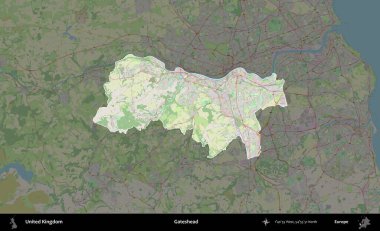 Kapıbaşı. Birleşik Krallık 'ın idari alanı karartılmış bir OpenStreetMap tarzı Alman haritasına vurgulanmış ve özetlenmiştir