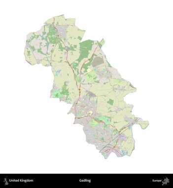 Gedling. Birleşik Krallık 'ın idari alanı bir OpenStreetMap Alman stili haritasında beyazda izole edildi