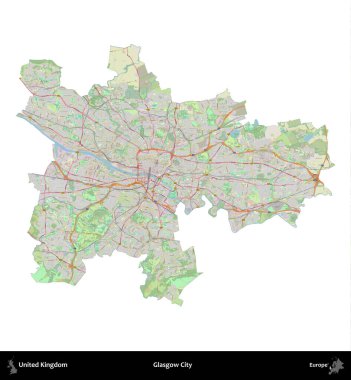 Glasgow Şehri. Birleşik Krallık 'ın idari alanı bir OpenStreetMap Alman stili haritasında beyazda izole edildi