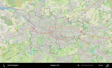 Glasgow Şehri. Bir OpenStreetMap Alman stil haritasında Birleşik Krallık 'ın özetlenmiş idari alanı