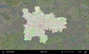 Glasgow Şehri. Birleşik Krallık 'ın idari alanı karartılmış bir OpenStreetMap tarzı Alman haritasına vurgulanmış ve özetlenmiştir
