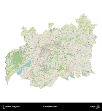 Gloucestershire 'da. Birleşik Krallık 'ın idari alanı bir OpenStreetMap Alman stili haritasında beyazda izole edildi