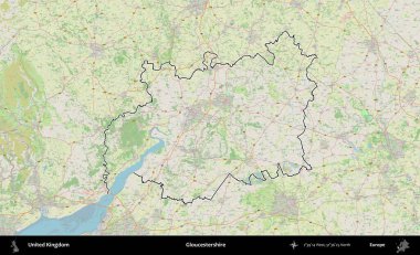 Gloucestershire 'da. Bir OpenStreetMap Alman stil haritasında Birleşik Krallık 'ın özetlenmiş idari alanı