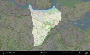 Gravesham. Birleşik Krallık 'ın idari alanı karartılmış bir OpenStreetMap tarzı Alman haritasına vurgulanmış ve özetlenmiştir