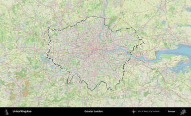 Büyük Londra. Bir OpenStreetMap Alman stil haritasında Birleşik Krallık 'ın özetlenmiş idari alanı