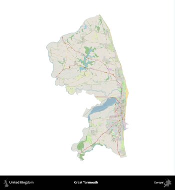 Yüce Yarmouth. Birleşik Krallık 'ın idari alanı bir OpenStreetMap Alman stili haritasında beyazda izole edildi