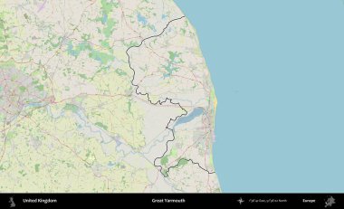 Yüce Yarmouth. Bir OpenStreetMap Alman stil haritasında Birleşik Krallık 'ın özetlenmiş idari alanı