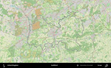 Guildford. Bir OpenStreetMap Alman stil haritasında Birleşik Krallık 'ın özetlenmiş idari alanı