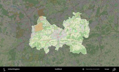 Guildford. Birleşik Krallık 'ın idari alanı karartılmış bir OpenStreetMap tarzı Alman haritasına vurgulanmış ve özetlenmiştir