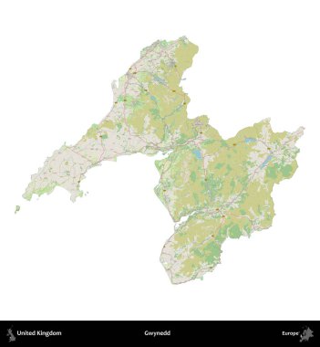 Gwynedd. Birleşik Krallık 'ın idari alanı bir OpenStreetMap Alman stili haritasında beyazda izole edildi