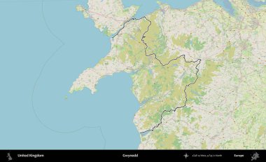 Gwynedd. Bir OpenStreetMap Alman stil haritasında Birleşik Krallık 'ın özetlenmiş idari alanı