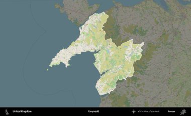 Gwynedd. Birleşik Krallık 'ın idari alanı karartılmış bir OpenStreetMap tarzı Alman haritasına vurgulanmış ve özetlenmiştir