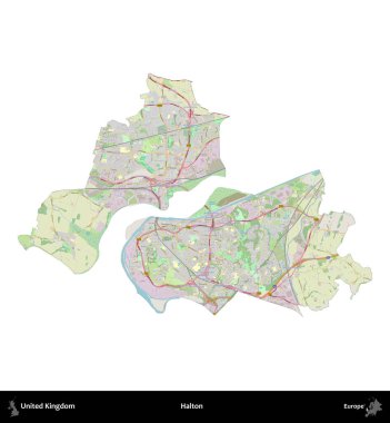 Halton. Birleşik Krallık 'ın idari alanı bir OpenStreetMap Alman stili haritasında beyazda izole edildi