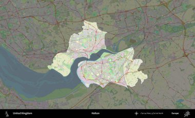 Halton. Birleşik Krallık 'ın idari alanı karartılmış bir OpenStreetMap tarzı Alman haritasına vurgulanmış ve özetlenmiştir
