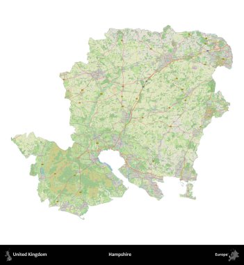 Hampshire. Birleşik Krallık 'ın idari alanı bir OpenStreetMap Alman stili haritasında beyazda izole edildi