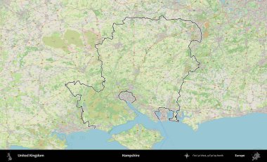 Hampshire. Bir OpenStreetMap Alman stil haritasında Birleşik Krallık 'ın özetlenmiş idari alanı