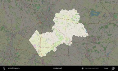 Harborough 'da. Birleşik Krallık 'ın idari alanı karartılmış bir OpenStreetMap tarzı Alman haritasına vurgulanmış ve özetlenmiştir