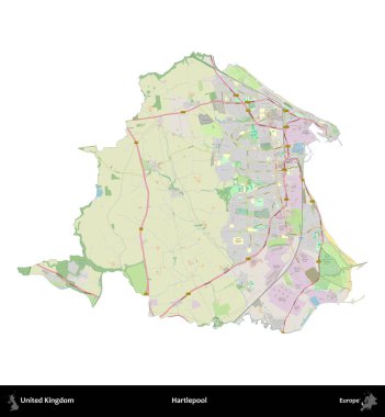 Hartlepool 'da. Birleşik Krallık 'ın idari alanı bir OpenStreetMap Alman stili haritasında beyazda izole edildi