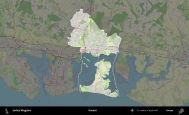 Havant. Birleşik Krallık 'ın idari alanı karartılmış bir OpenStreetMap tarzı Alman haritasına vurgulanmış ve özetlenmiştir