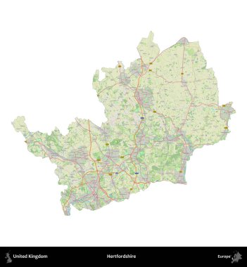 Hertfordshire 'da. Birleşik Krallık 'ın idari alanı bir OpenStreetMap Alman stili haritasında beyazda izole edildi