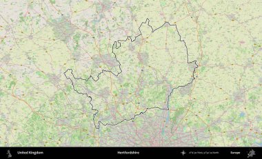 Hertfordshire 'da. Bir OpenStreetMap Alman stil haritasında Birleşik Krallık 'ın özetlenmiş idari alanı