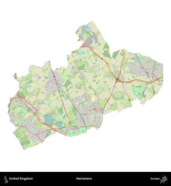 Hertsmere. Birleşik Krallık 'ın idari alanı bir OpenStreetMap Alman stili haritasında beyazda izole edildi