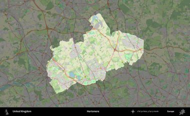 Hertsmere. Birleşik Krallık 'ın idari alanı karartılmış bir OpenStreetMap tarzı Alman haritasına vurgulanmış ve özetlenmiştir